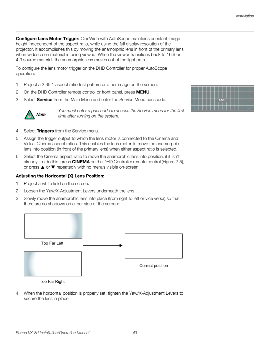 Runco VX-8D operation manual Time after turning on the system, Adjusting the Horizontal X Lens Position 