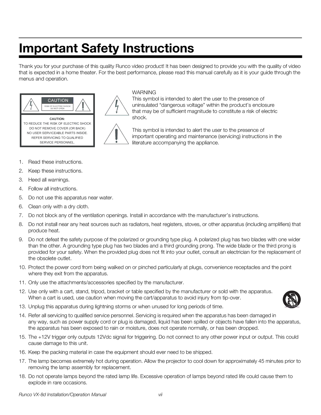 Runco VX-8D operation manual Important Safety Instructions 