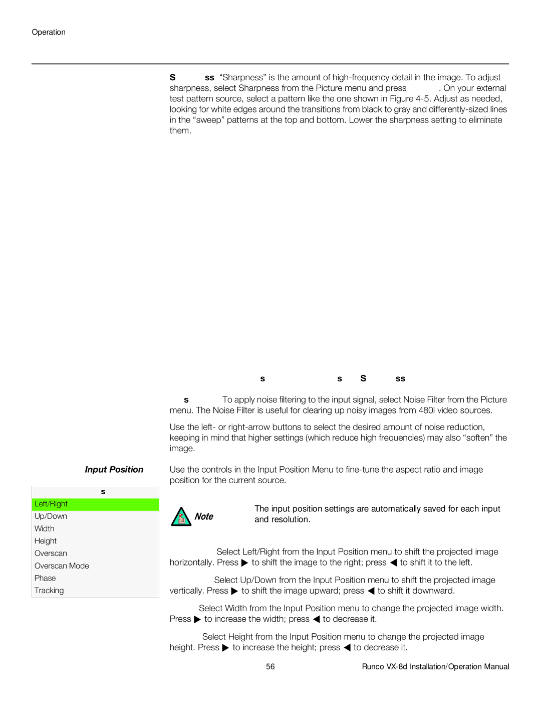 Runco VX-8D operation manual Input Position, Resolution 