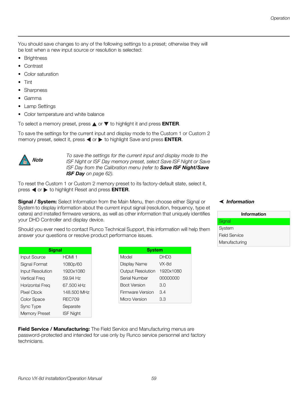 Runco VX-8D operation manual Information, Signal, System 