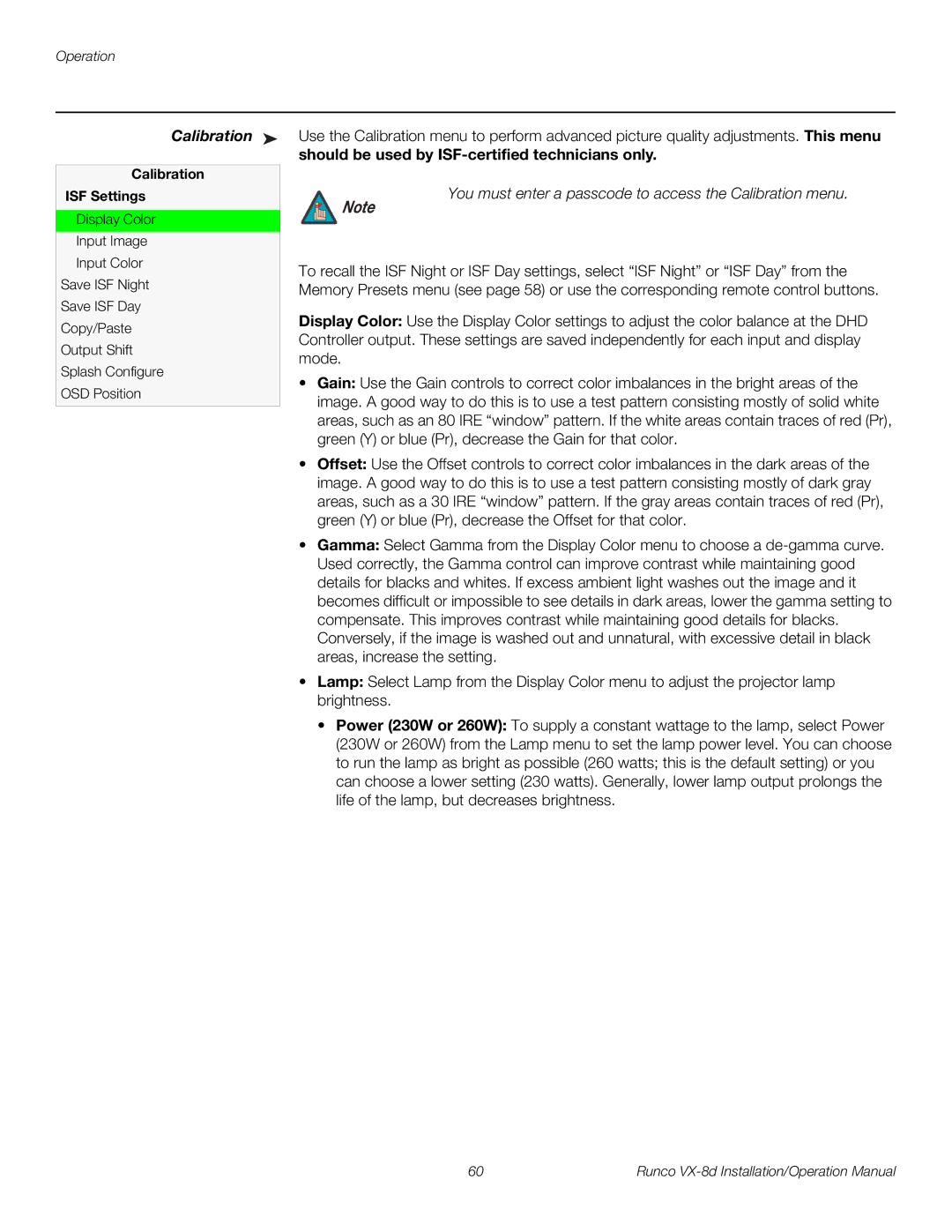 Runco VX-8D operation manual Should be used by ISF-certified technicians only, Calibration ISF Settings 