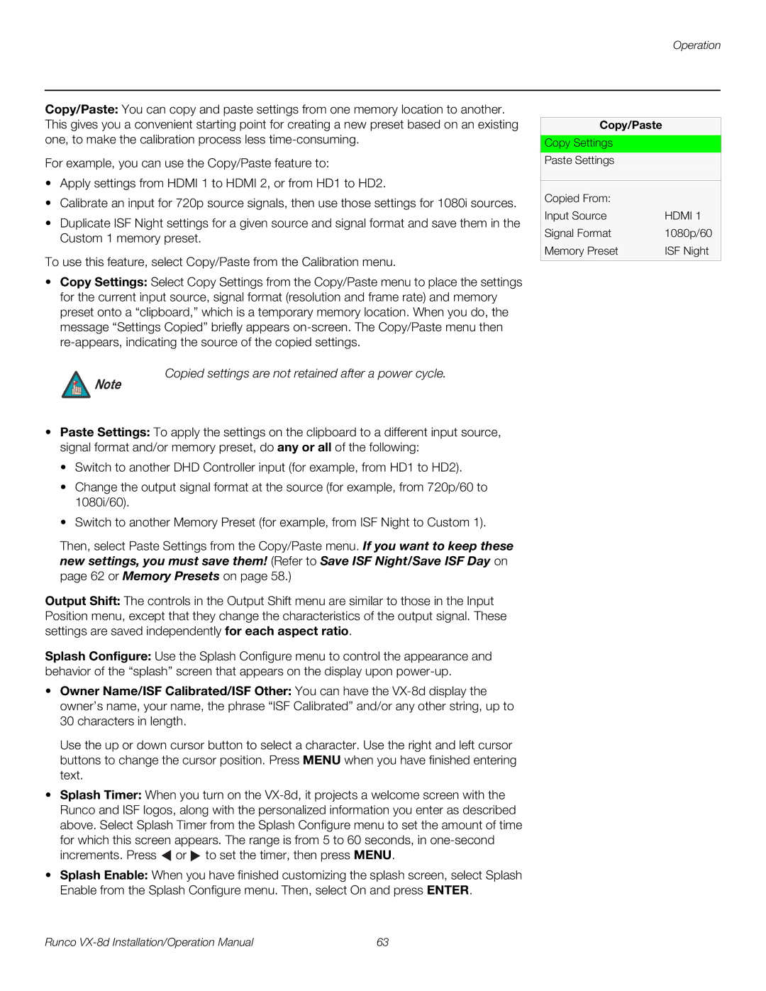 Runco VX-8D operation manual Copied settings are not retained after a power cycle, Copy/Paste 