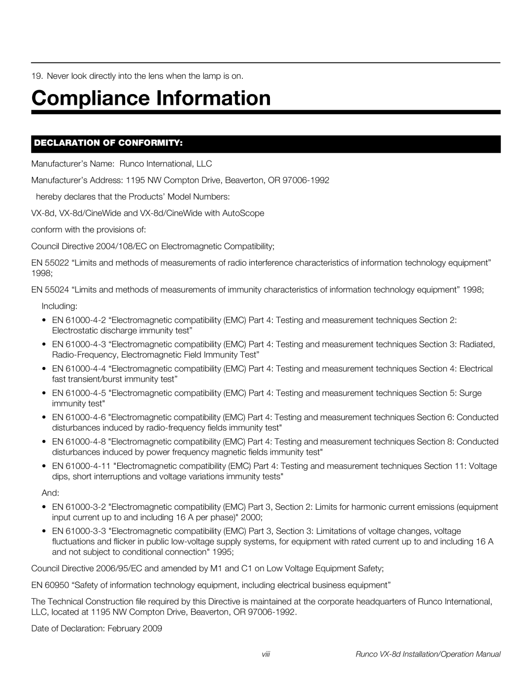 Runco VX-8D operation manual Compliance Information, Declaration of Conformity 