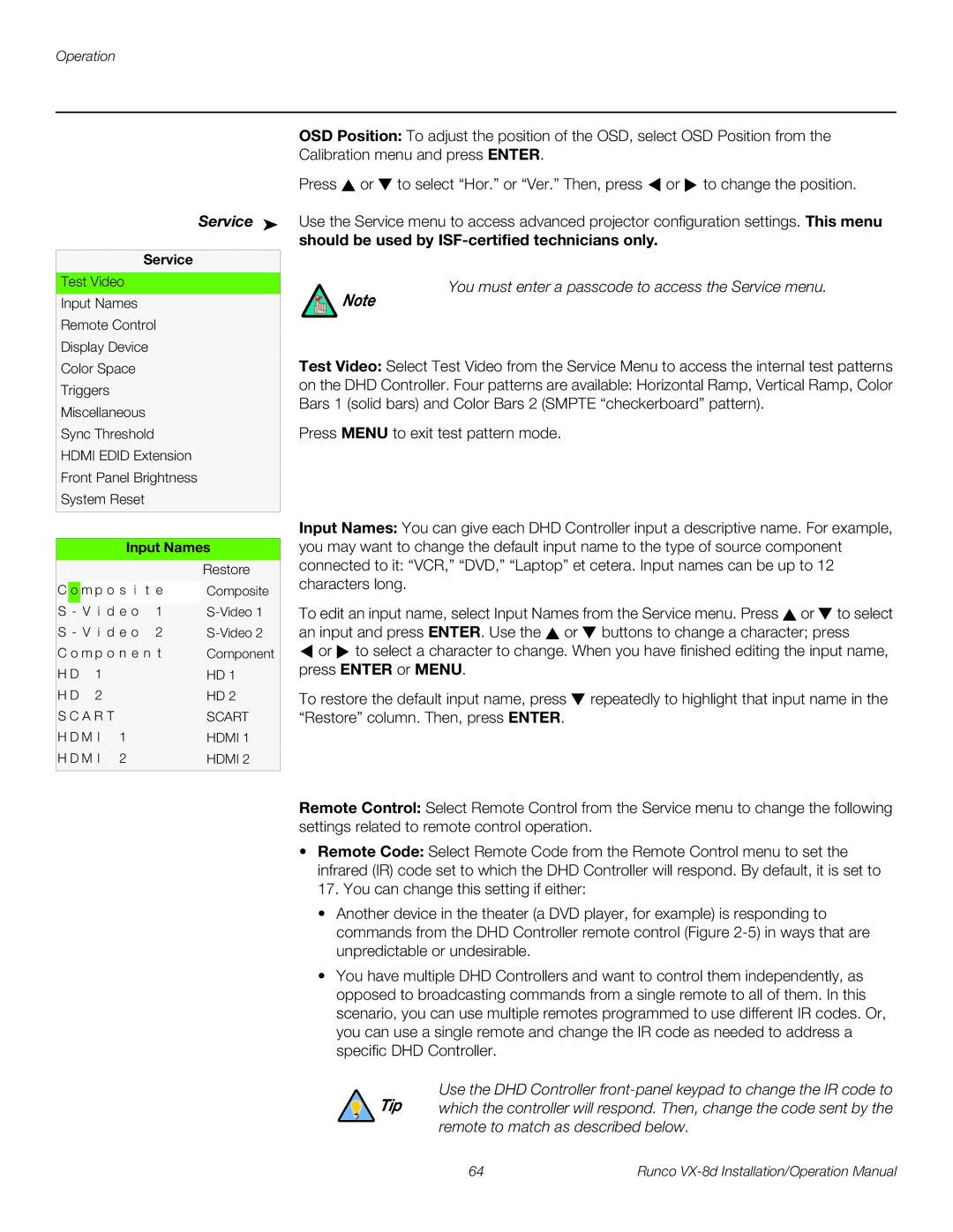 Runco VX-8D operation manual Service, Input Names 