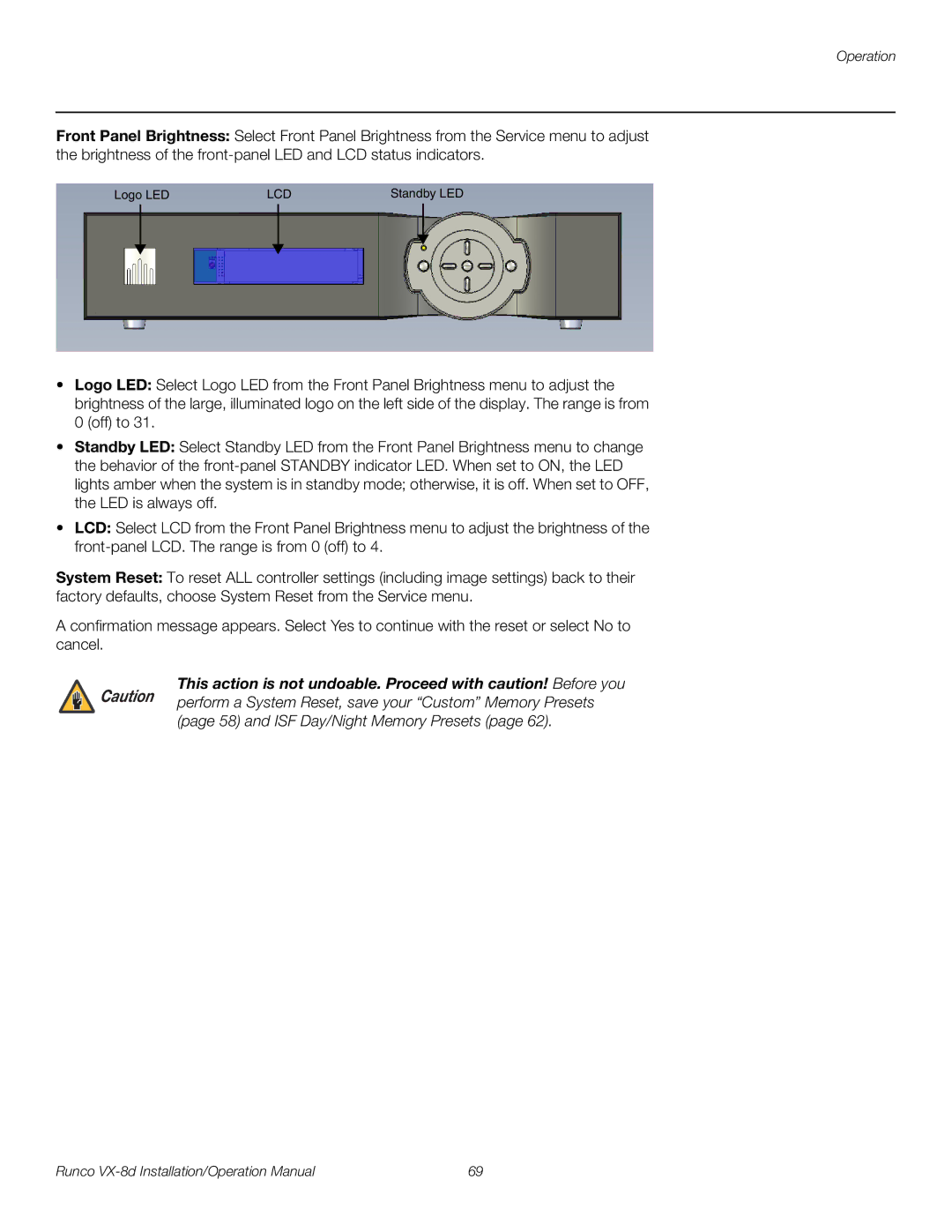 Runco VX-8D operation manual and ISF Day/Night Memory Presets 