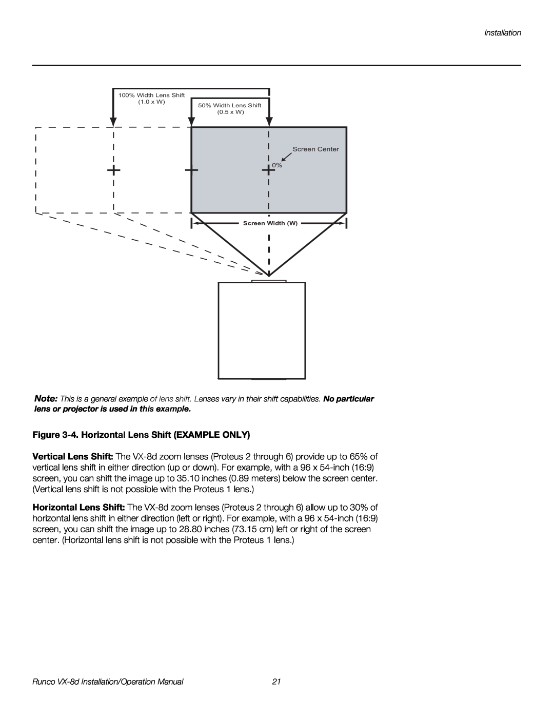 Runco VX-8D operation manual 4. Horizontal Lens Shift EXAMPLE ONLY, Screen Center 0% 