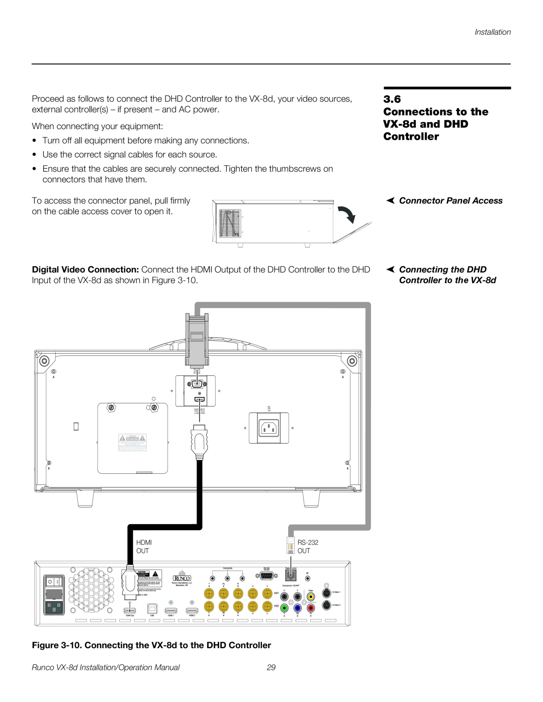 Runco VX-8D operation manual Connections to the VX-8d and DHD Controller, Connector Panel Access, Connecting the DHD 