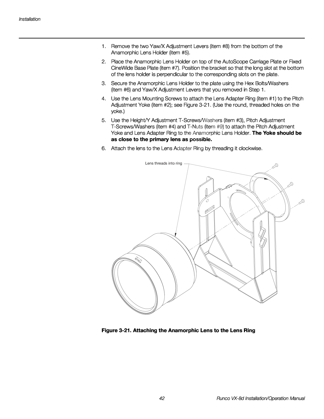 Runco VX-8D operation manual 21. Attaching the Anamorphic Lens to the Lens Ring 