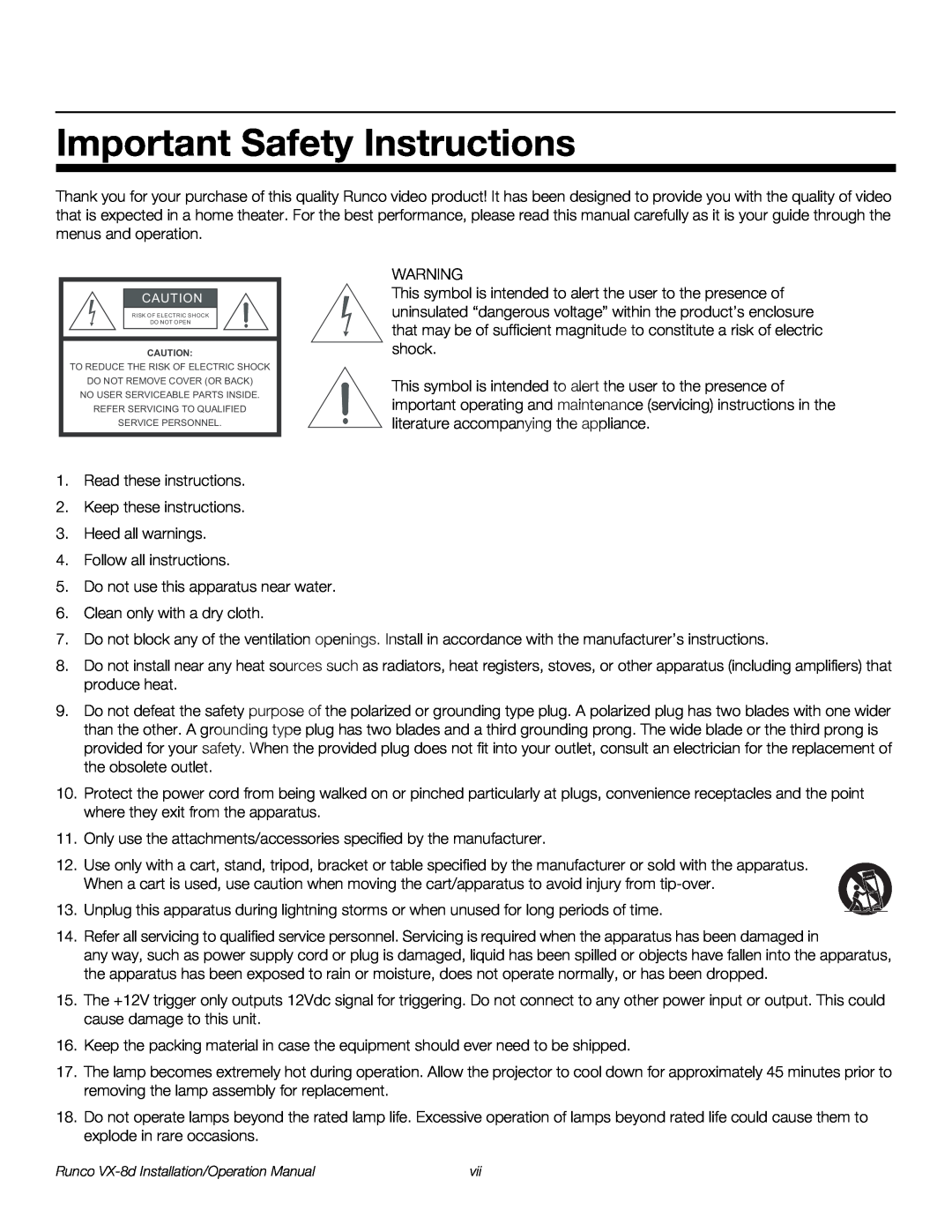 Runco VX-8D operation manual Important Safety Instructions 