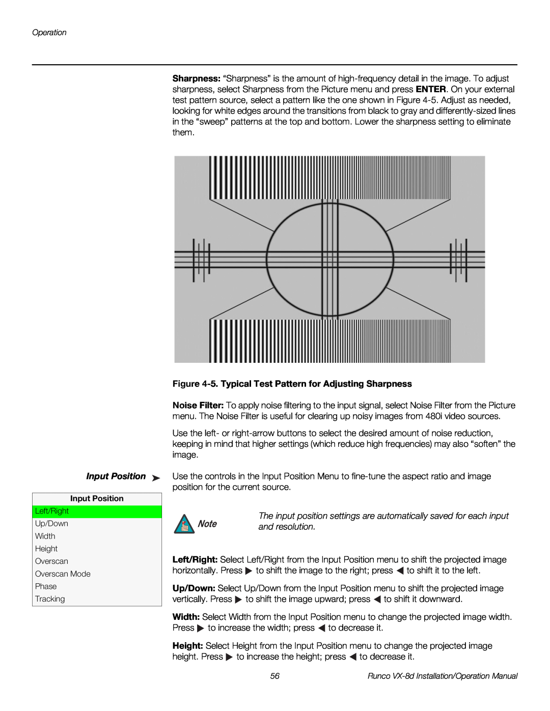 Runco VX-8D operation manual Input Position, 5. Typical Test Pattern for Adjusting Sharpness, and resolution 