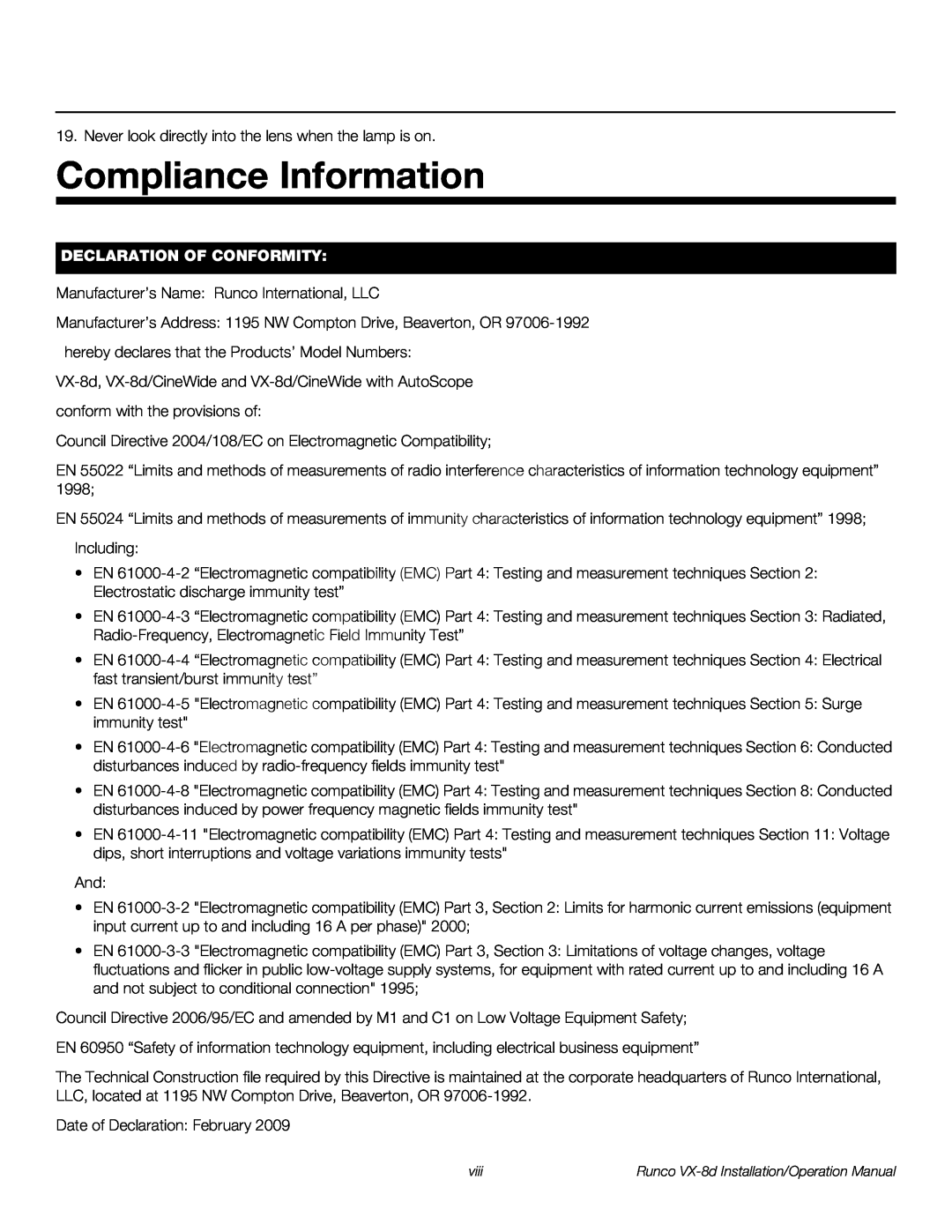 Runco VX-8D operation manual Compliance Information, Declaration Of Conformity 