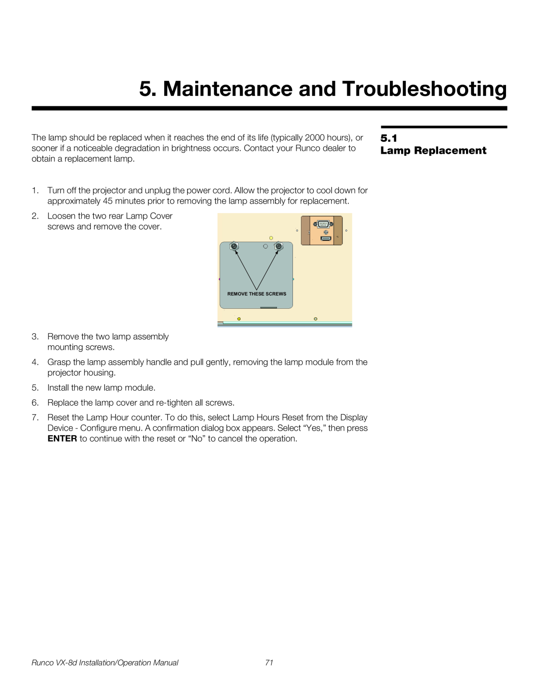 Runco VX-8D operation manual Maintenance and Troubleshooting, Lamp Replacement 