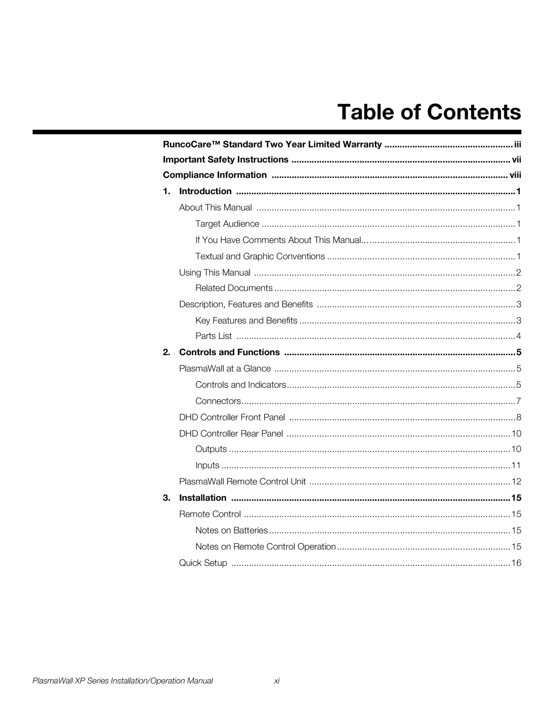 Runco XP-OPAL50DHD, XP-50DHD, XP-103DHD, XP-OPAL65DHD operation manual Table of Contents 