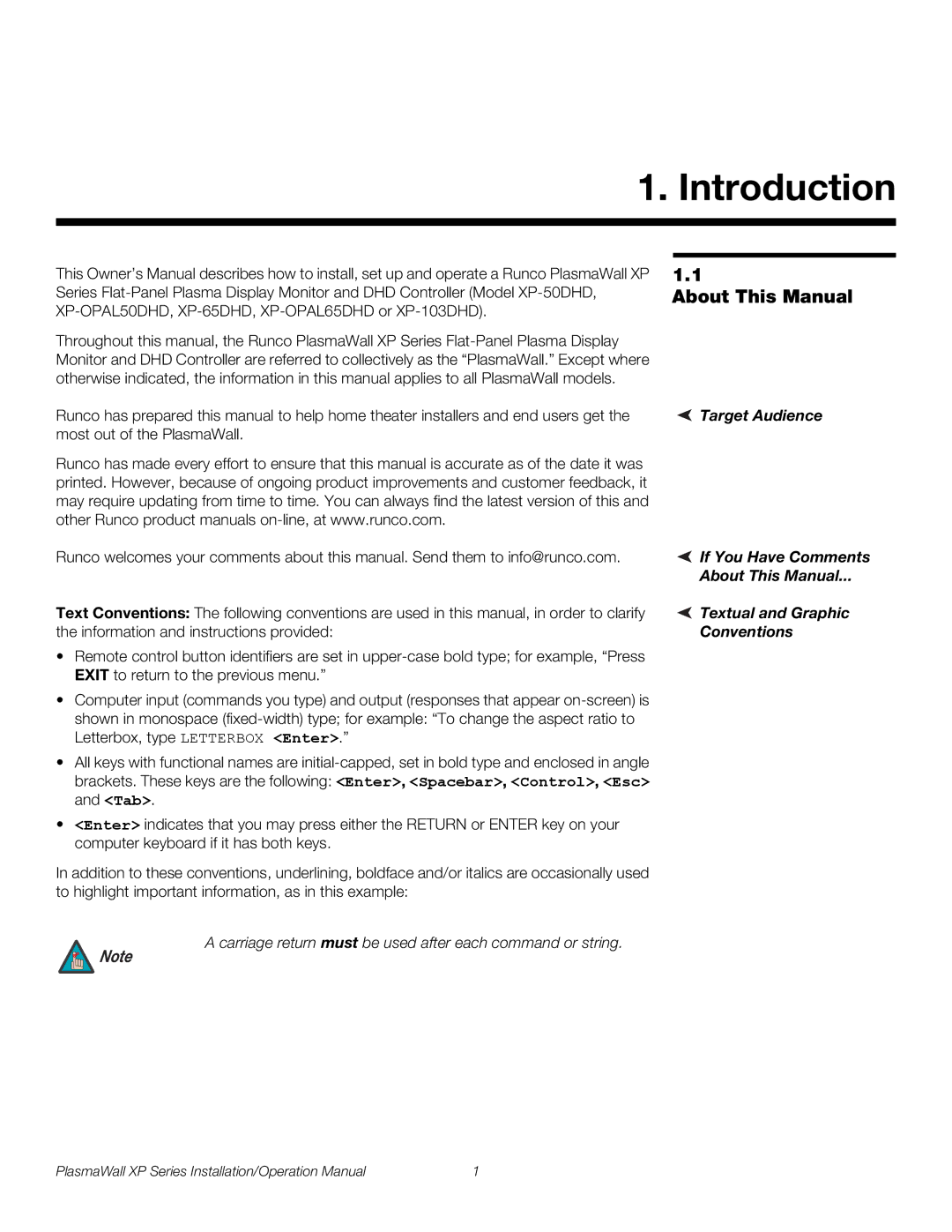 Runco XP-103DHD, XP-50DHD, XP-OPAL65DHD, XP-OPAL50DHD operation manual Introduction, About This Manual 