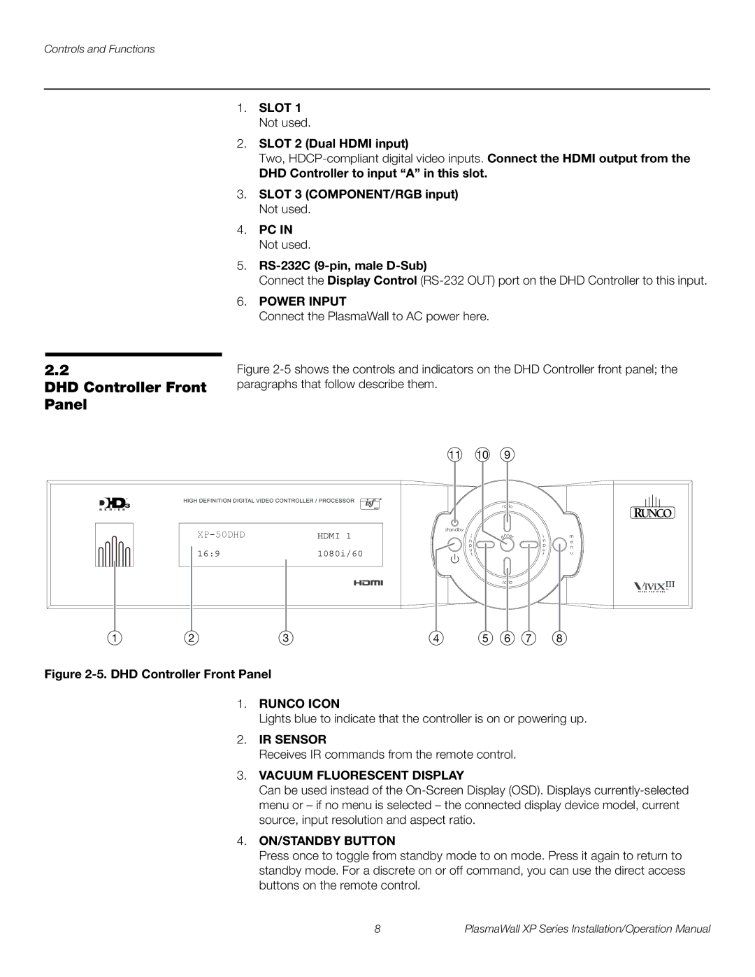 Runco XP-50DHD, XP-103DHD, XP-OPAL65DHD, XP-OPAL50DHD operation manual DHD Controller Front Panel 