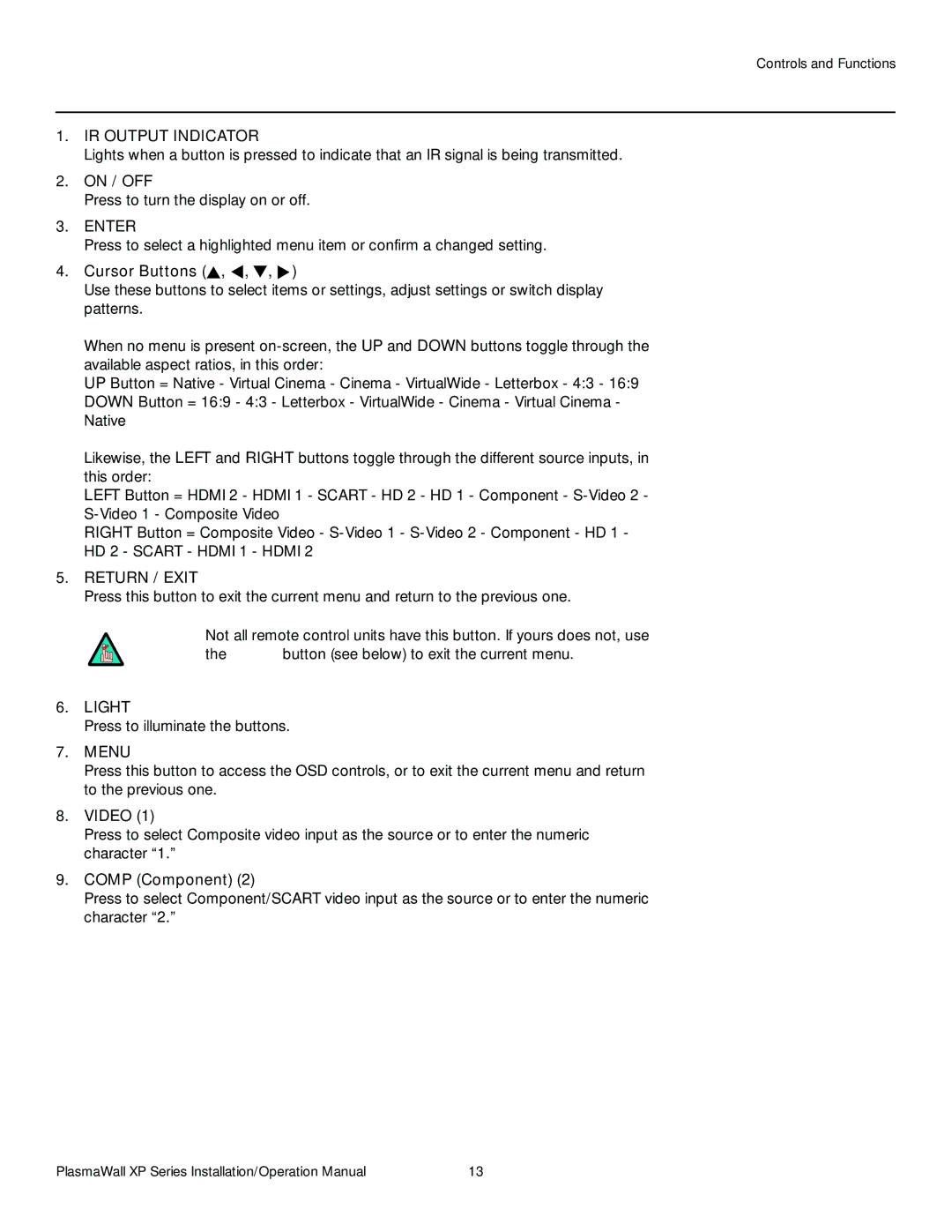 Runco XP-103DHD, XP-50DHD, XP-OPAL65DHD, XP-OPAL50DHD operation manual IR Output Indicator, Enter, Return / Exit, Light, Menu 