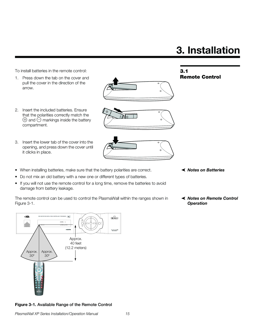 Runco XP-OPAL50DHD, XP-50DHD, XP-103DHD, XP-OPAL65DHD operation manual Installation, Remote Control 