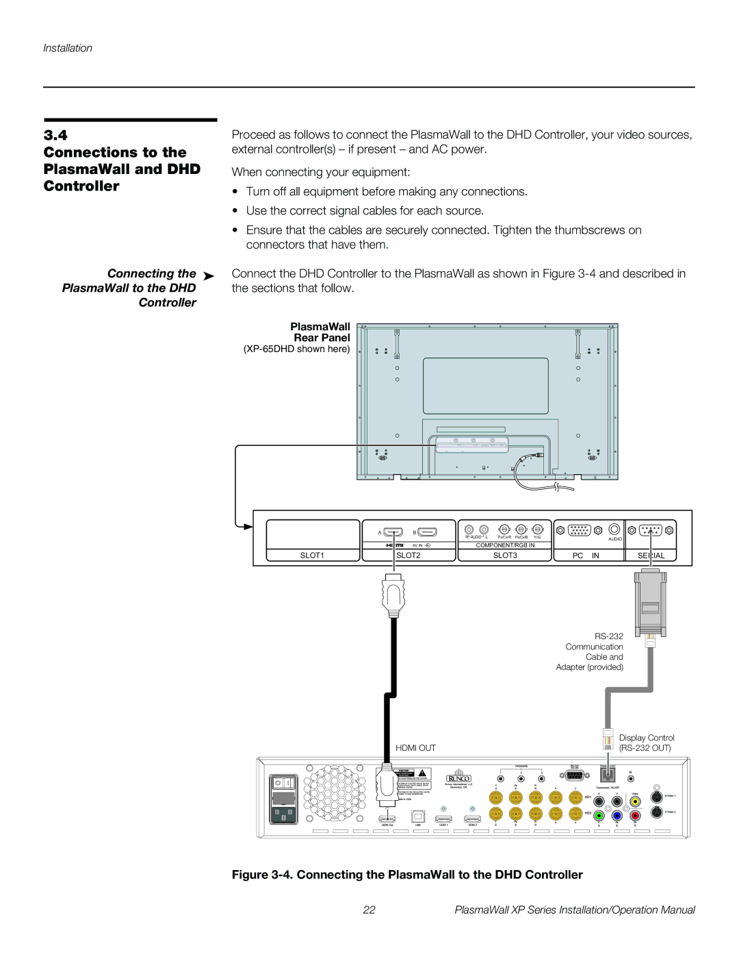 Runco XP-OPAL65DHD, XP-50DHD Connections to the PlasmaWall and DHD Controller, Connecting PlasmaWall to the DHD Controller 