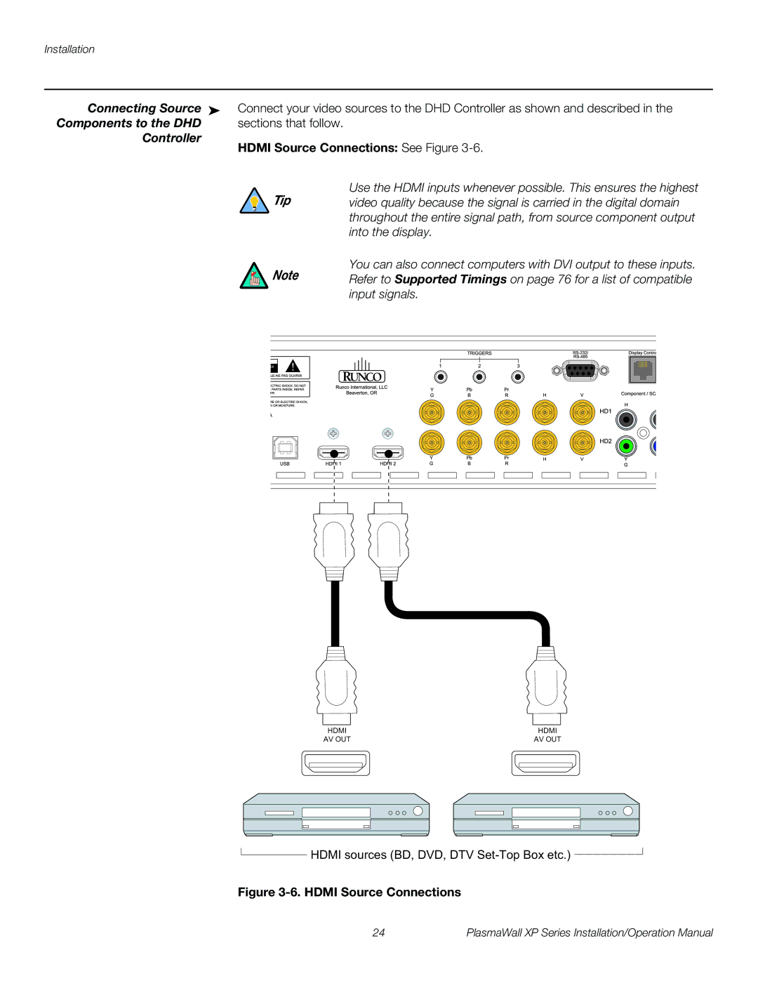 Runco XP-50DHD, XP-103DHD, XP-OPAL65DHD, XP-OPAL50DHD operation manual Connecting Source, Components to the DHD, Controller 