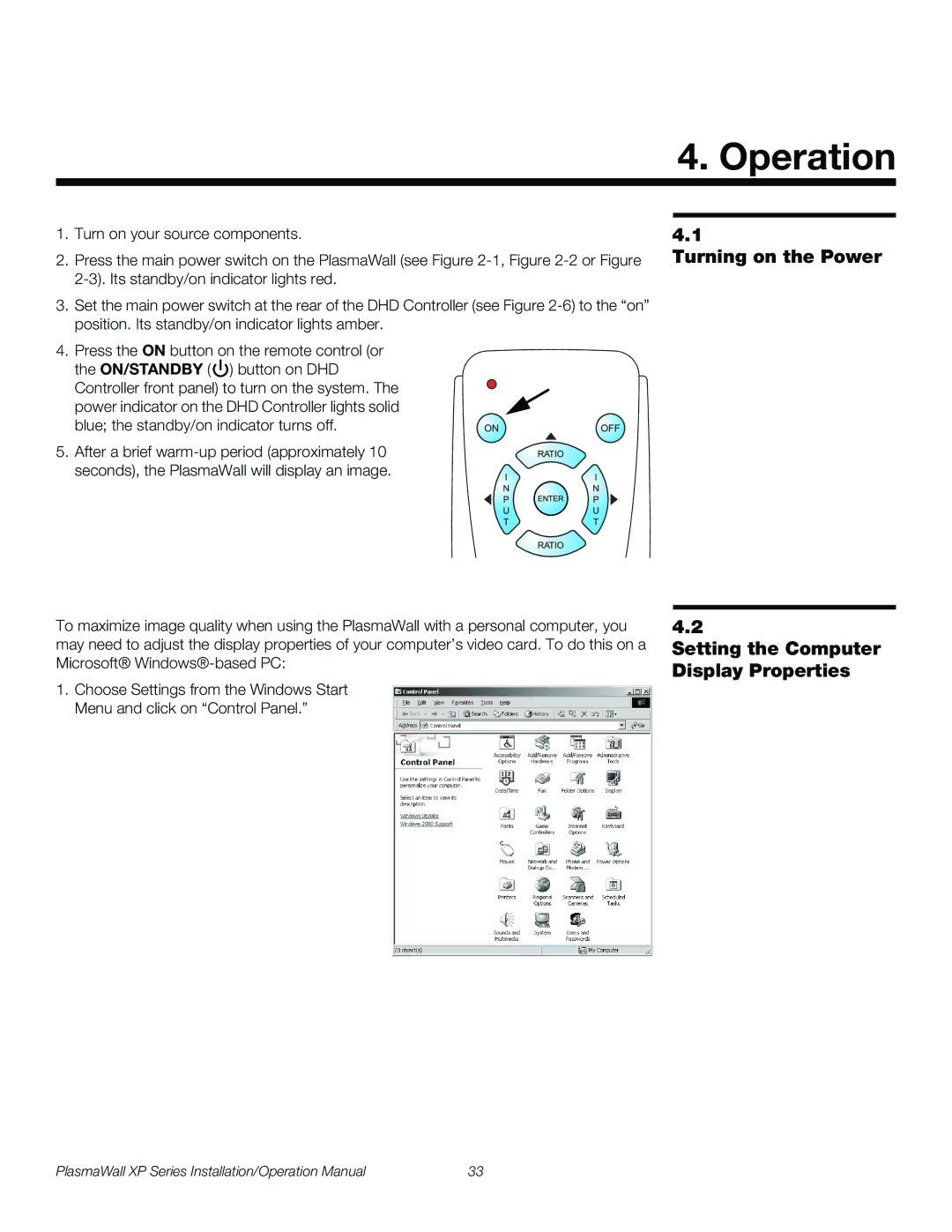 Runco XP-103DHD, XP-50DHD, XP-OPAL65DHD Operation, Turning on the Power Setting the Computer Display Properties 