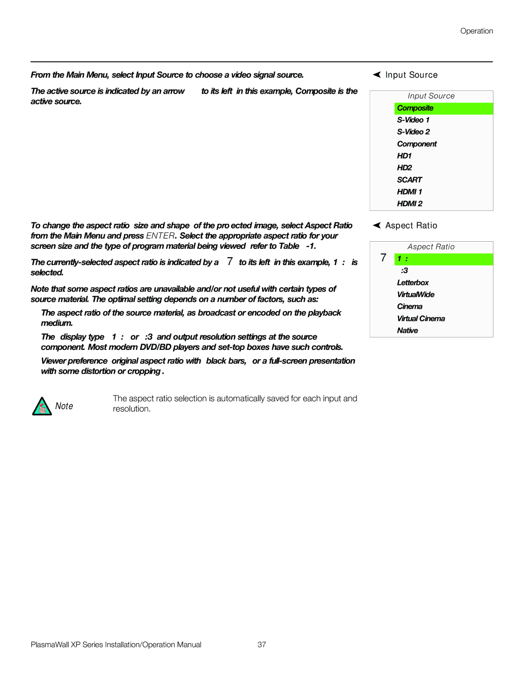 Runco XP-103DHD, XP-50DHD, XP-OPAL65DHD, XP-OPAL50DHD operation manual Input Source, Aspect Ratio 