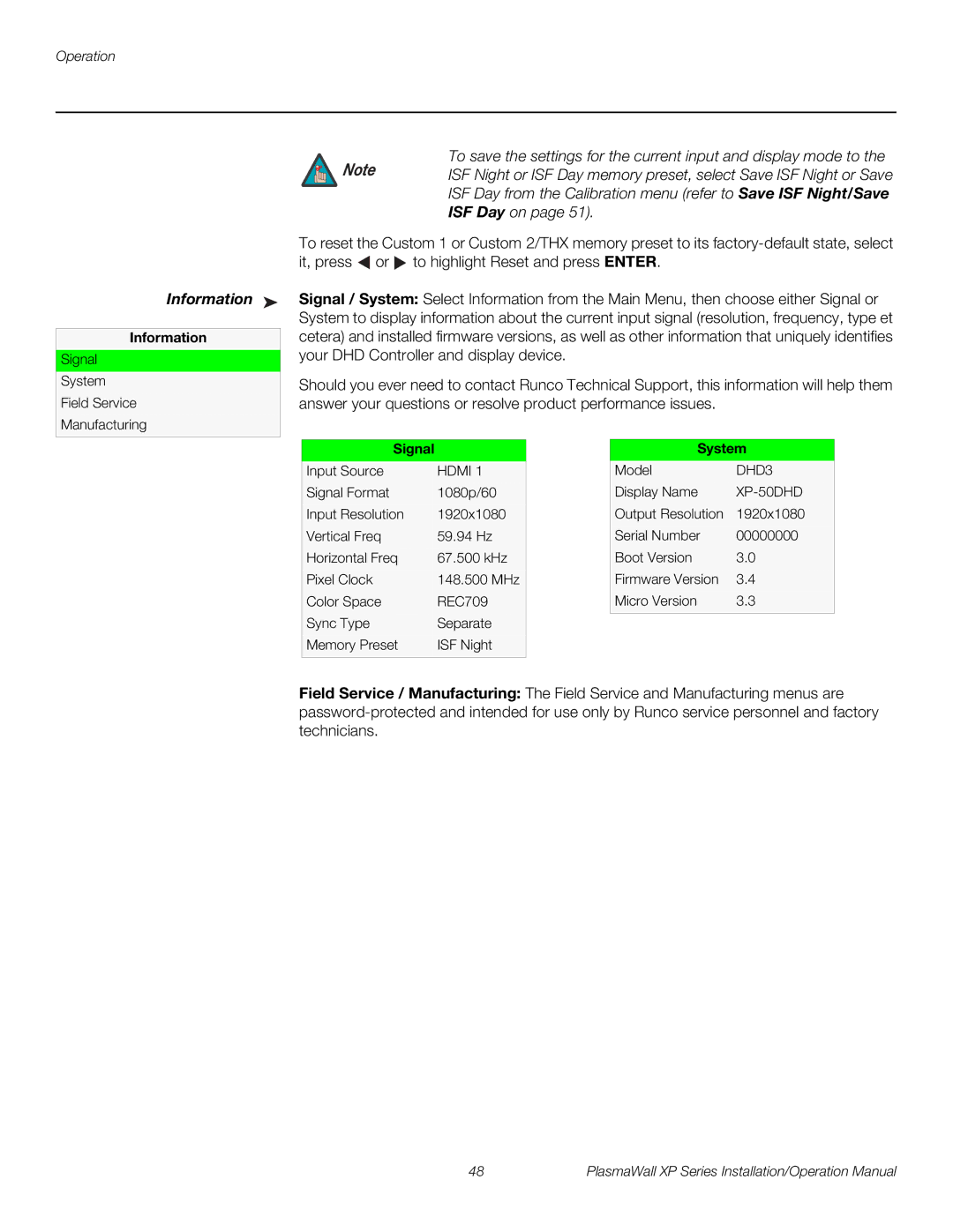 Runco XP-50DHD, XP-103DHD, XP-OPAL65DHD, XP-OPAL50DHD operation manual Information, Signal, System 