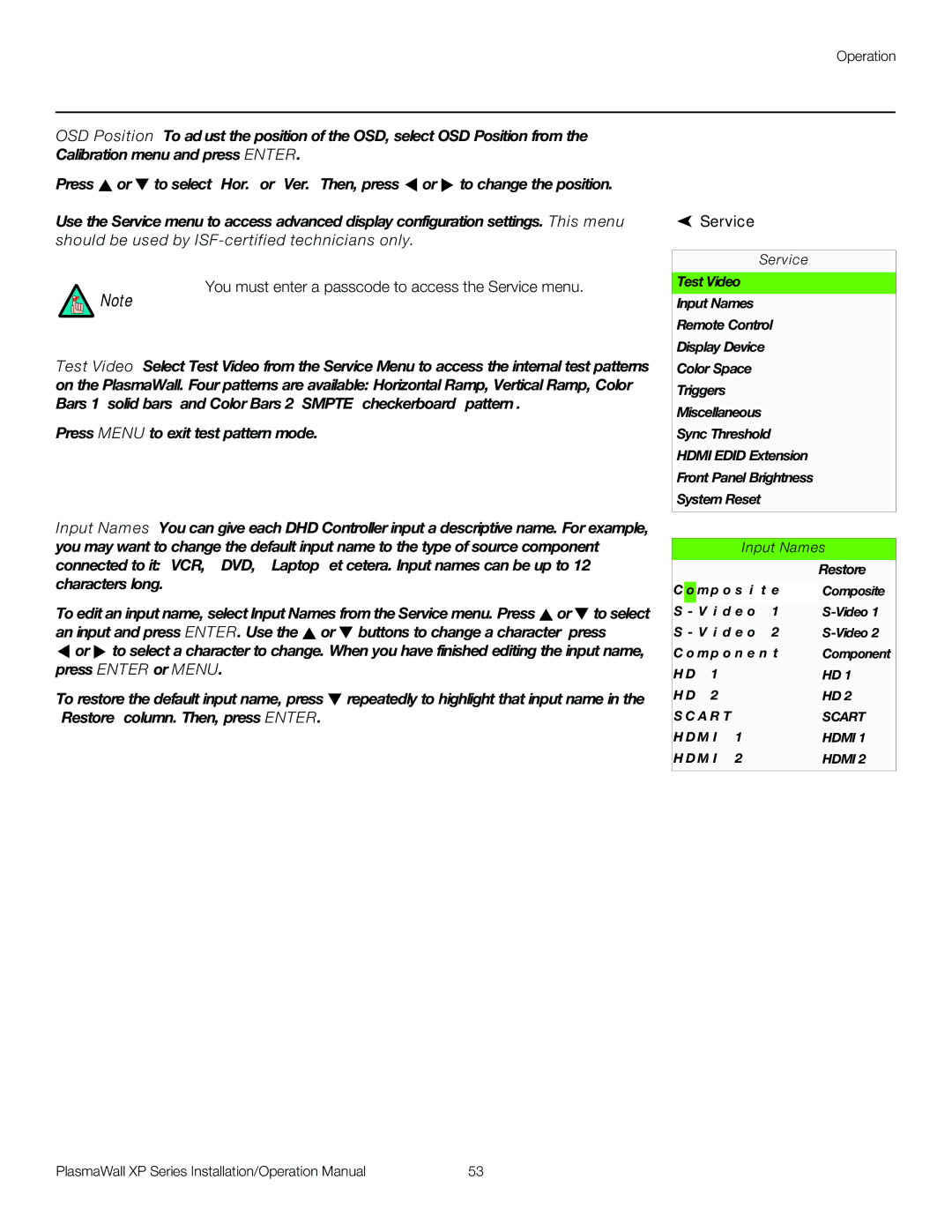 Runco XP-103DHD, XP-50DHD, XP-OPAL65DHD, XP-OPAL50DHD operation manual Service, Input Names 