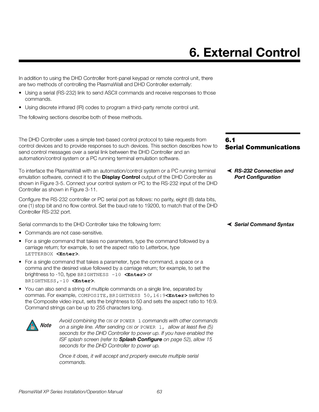 Runco XP-OPAL50DHD External Control, Serial Communications, RS-232 Connection, Port Configuration, Serial Command Syntax 