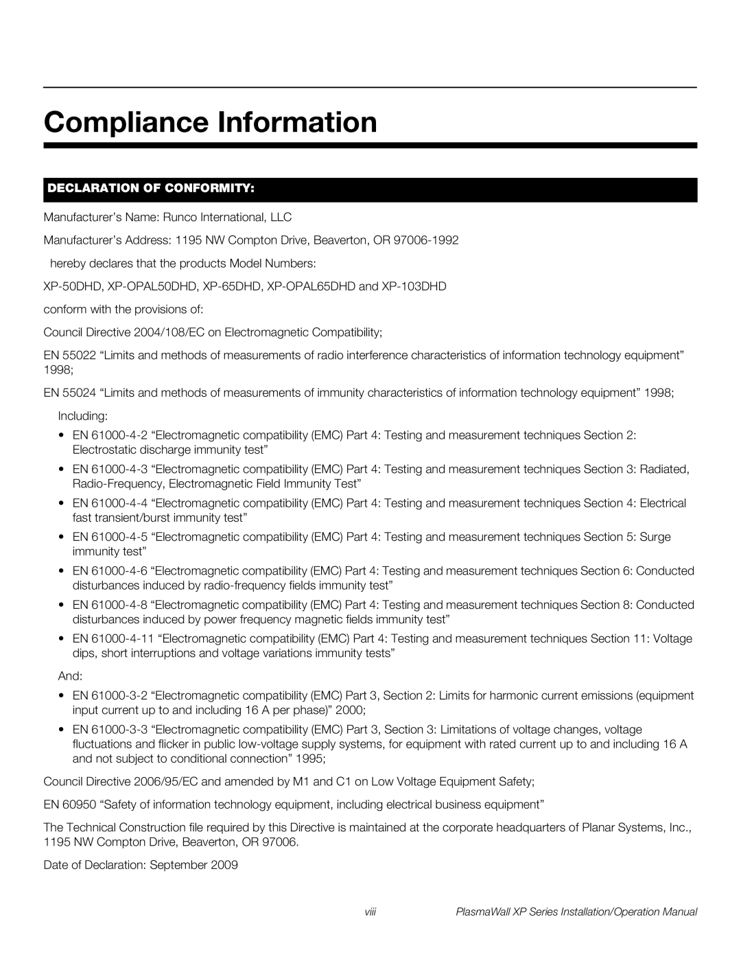 Runco XP-50DHD, XP-103DHD, XP-OPAL65DHD, XP-OPAL50DHD operation manual Compliance Information, Declaration of Conformity 