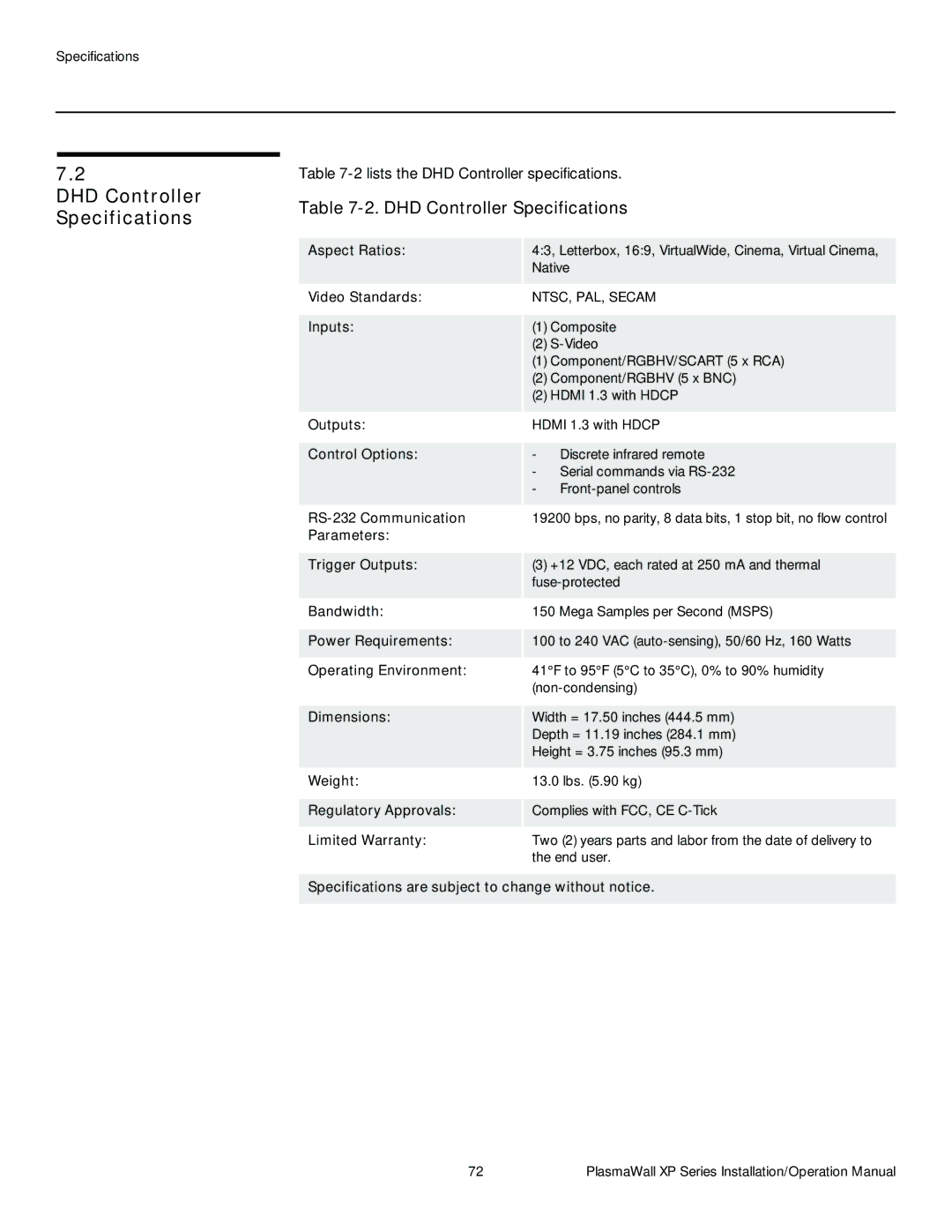 Runco XP-50DHD, XP-103DHD, XP-OPAL65DHD, XP-OPAL50DHD operation manual DHD Controller Specifications 