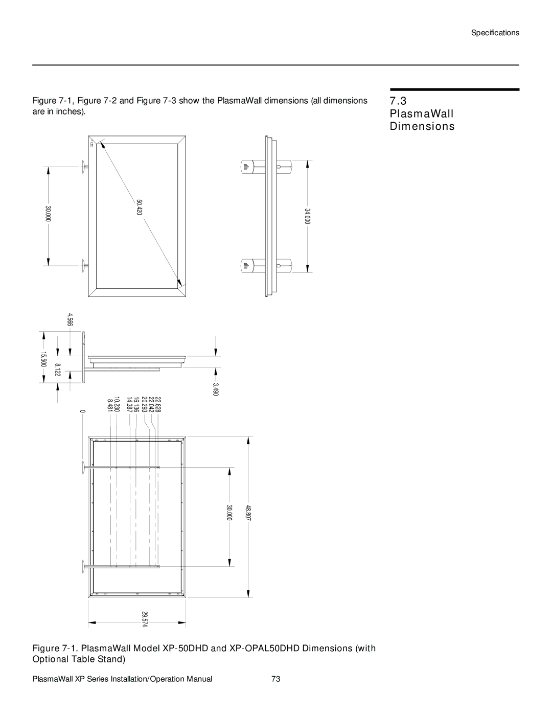 Runco XP-103DHD, XP-50DHD, XP-OPAL65DHD, XP-OPAL50DHD operation manual PlasmaWall, Dimensions 