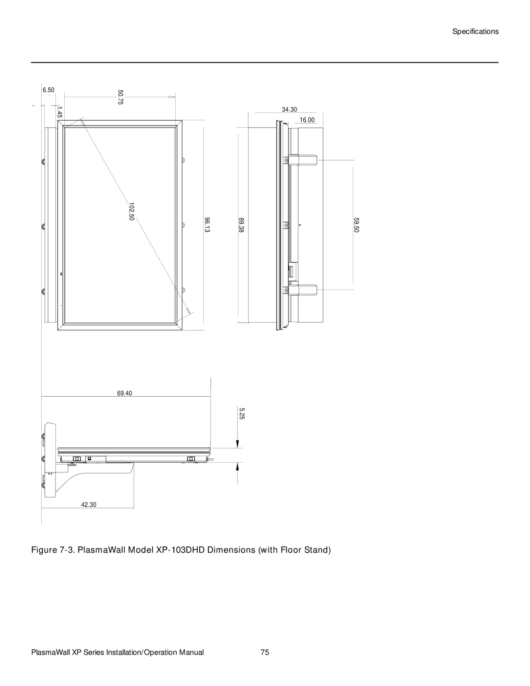 Runco XP-OPAL50DHD, XP-50DHD, XP-OPAL65DHD operation manual PlasmaWall Model XP-103DHD Dimensions with Floor Stand 