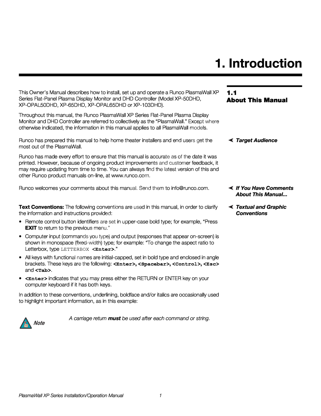 Runco XP-103DHD Introduction, About This Manual, Target Audience, If You Have Comments, Textual and Graphic, Conventions 