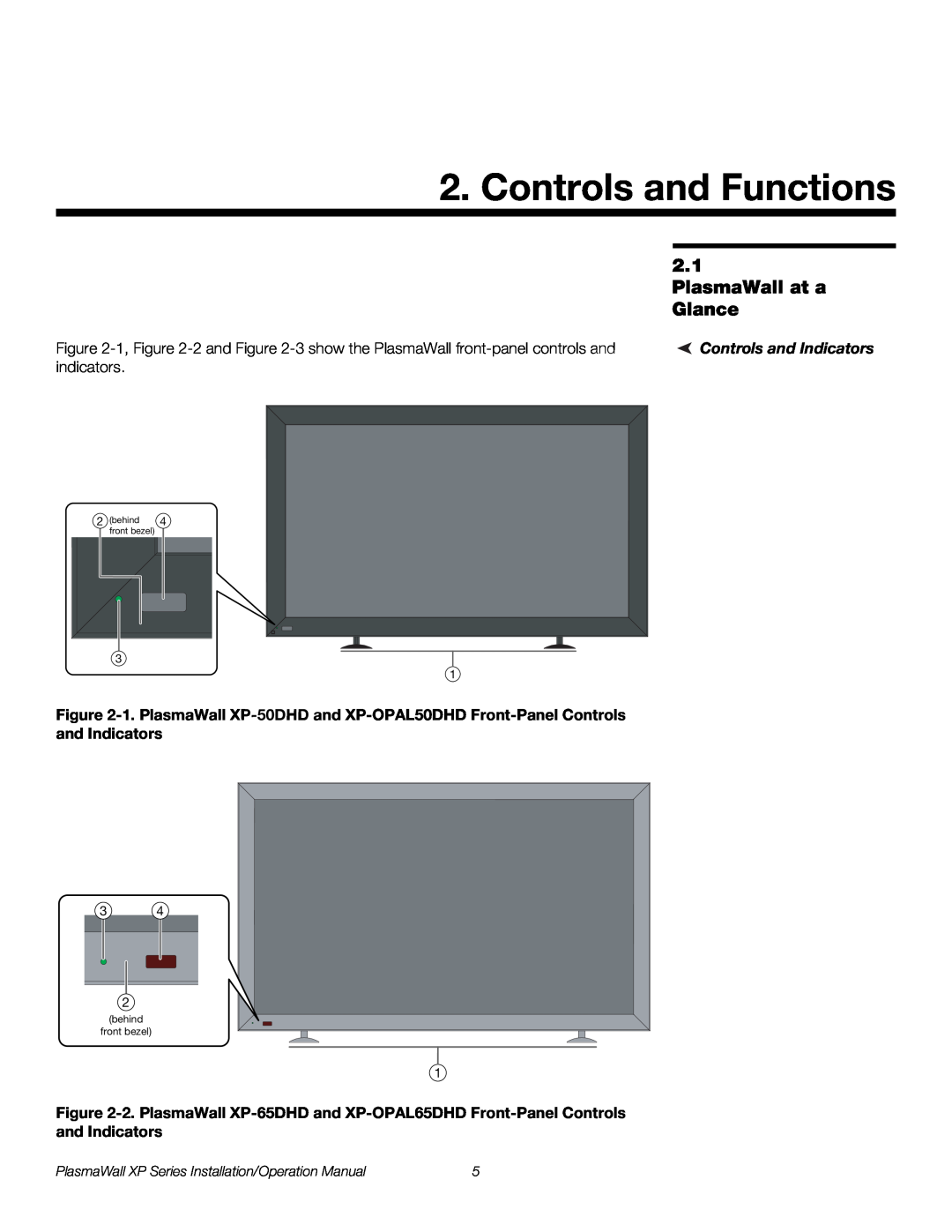 Runco XP-103DHD, XP-50DHD, XP-OPAL65DHD Controls and Functions, PlasmaWall at a Glance, Controls and Indicators 