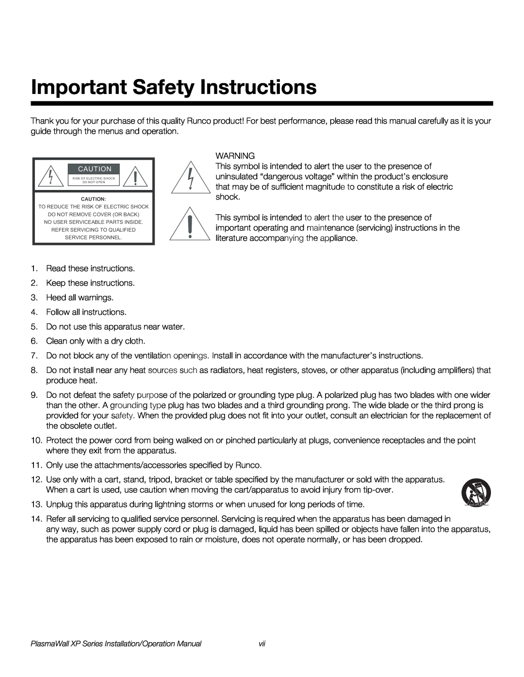 Runco XP-OPAL50DHD, XP-50DHD, XP-103DHD, XP-OPAL65DHD operation manual Important Safety Instructions 