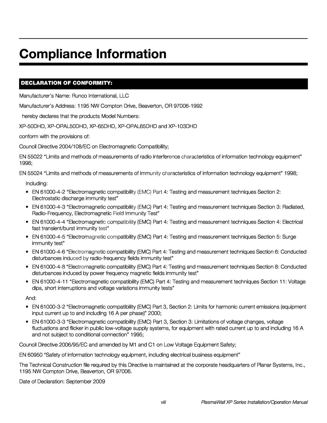 Runco XP-50DHD, XP-103DHD, XP-OPAL65DHD, XP-OPAL50DHD operation manual Compliance Information, Declaration Of Conformity 