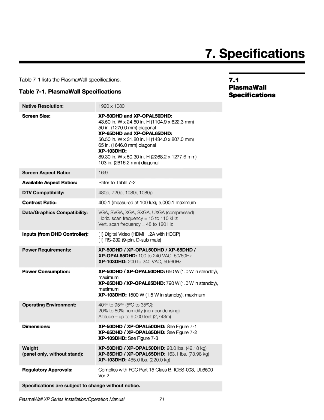 Runco XP-OPAL50DHD, XP-50DHD 1. PlasmaWall Specifications, PlasmaWall XP Series Installation/Operation Manual 