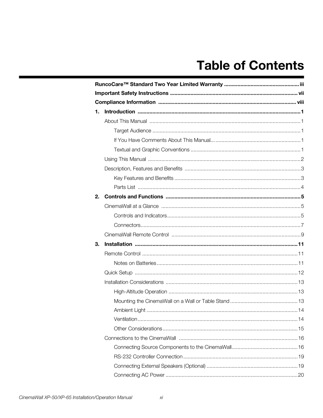 Runco XP-50, XP-65 operation manual Table of Contents 