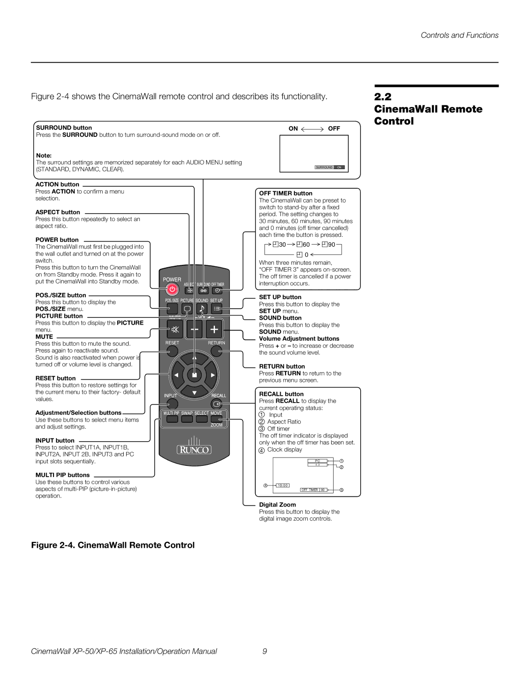 Runco XP-50, XP-65 operation manual CinemaWall Remote Control, Surround button 