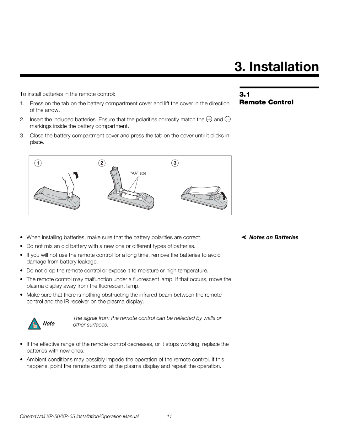 Runco XP-50, XP-65 operation manual Installation, Remote Control, Other surfaces 