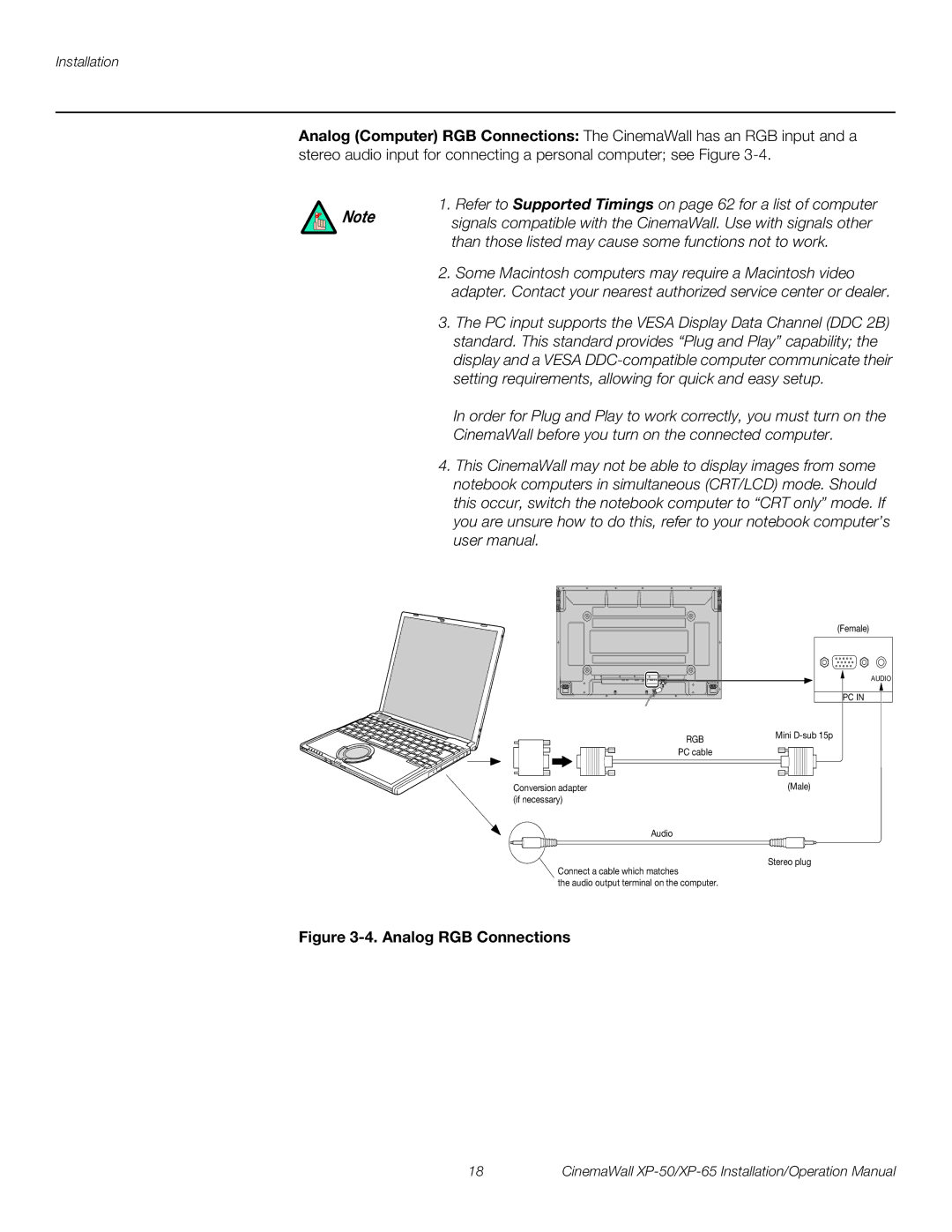 Runco XP-65, XP-50 operation manual Analog RGB Connections 