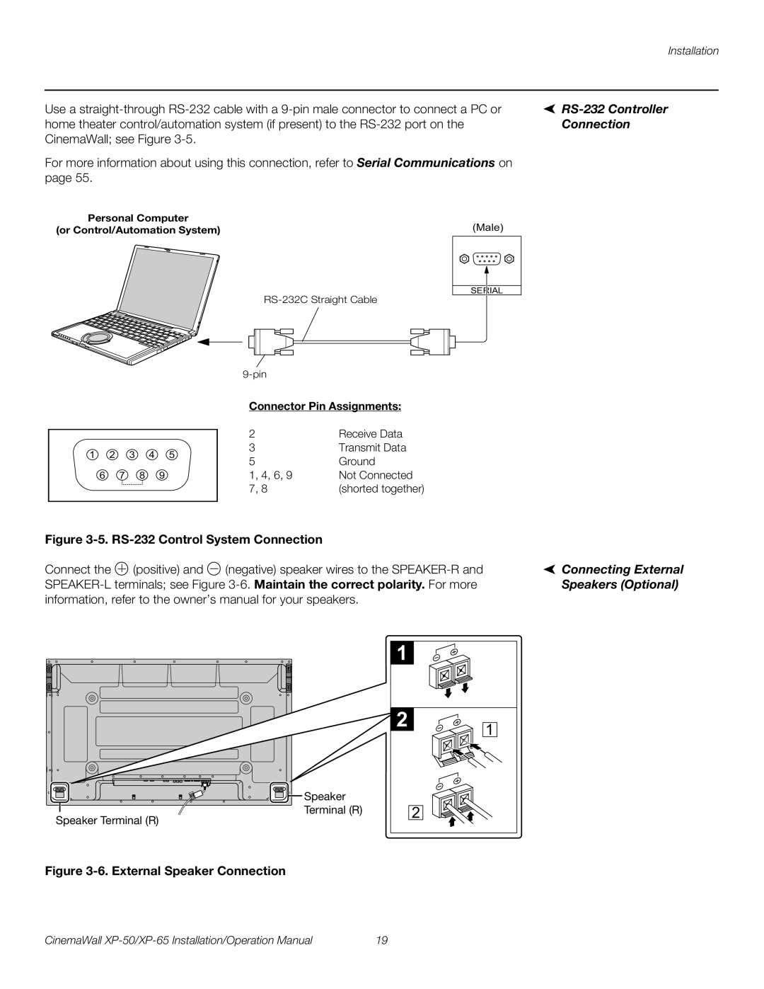 Runco XP-50, XP-65 RS-232 Controller, Connection, Connecting External Speakers Optional, Connector Pin Assignments 