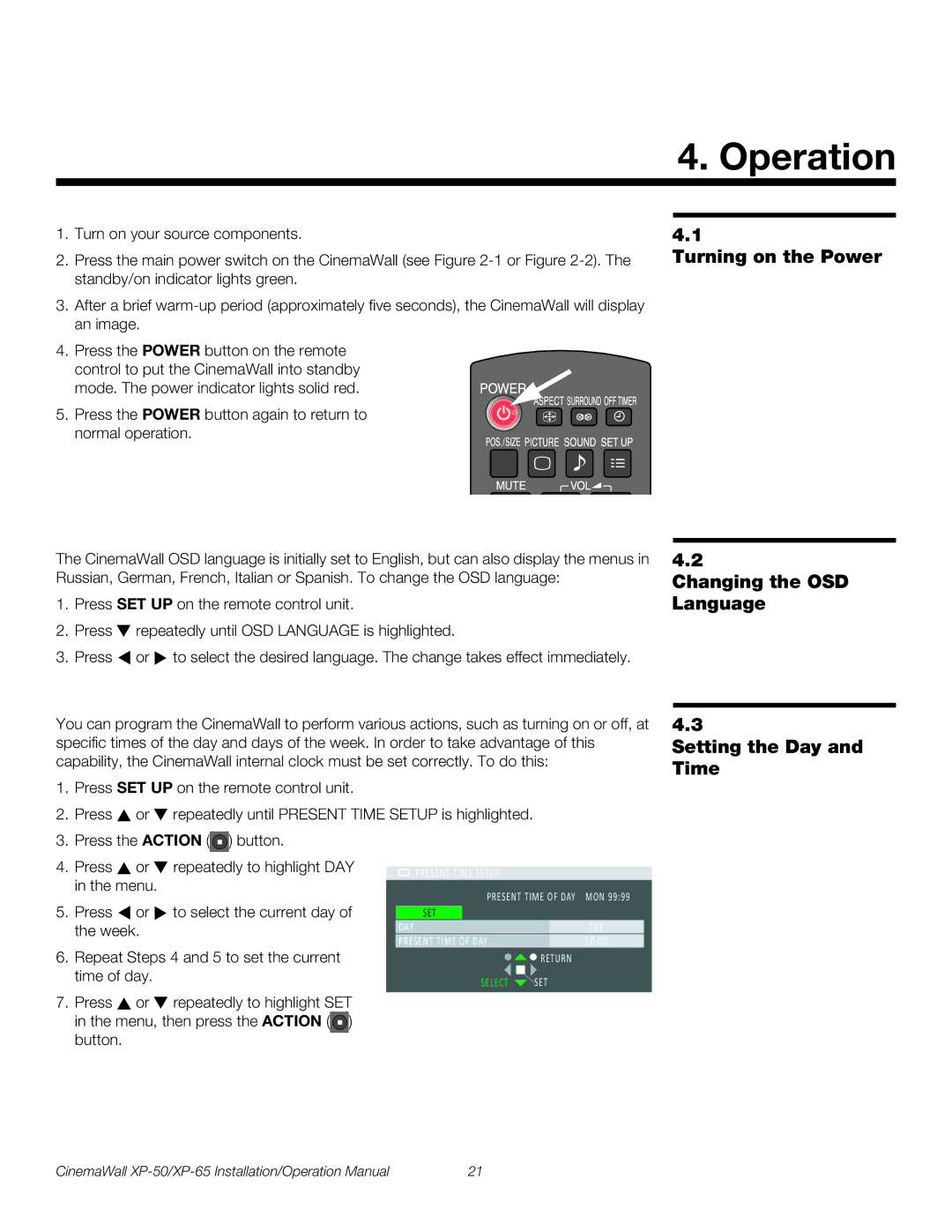 Runco XP-50, XP-65 operation manual Operation, Turning on the Power Changing the OSD Language, Setting the Day and Time 