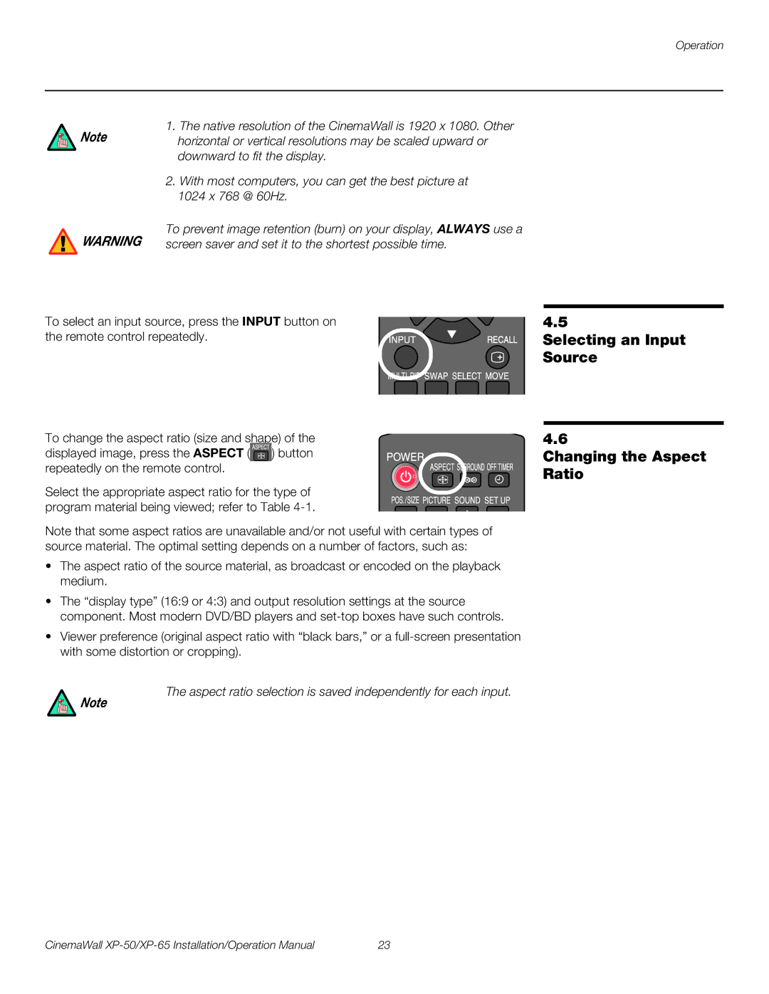 Runco XP-50, XP-65 operation manual Selecting an Input Source Changing the Aspect Ratio 