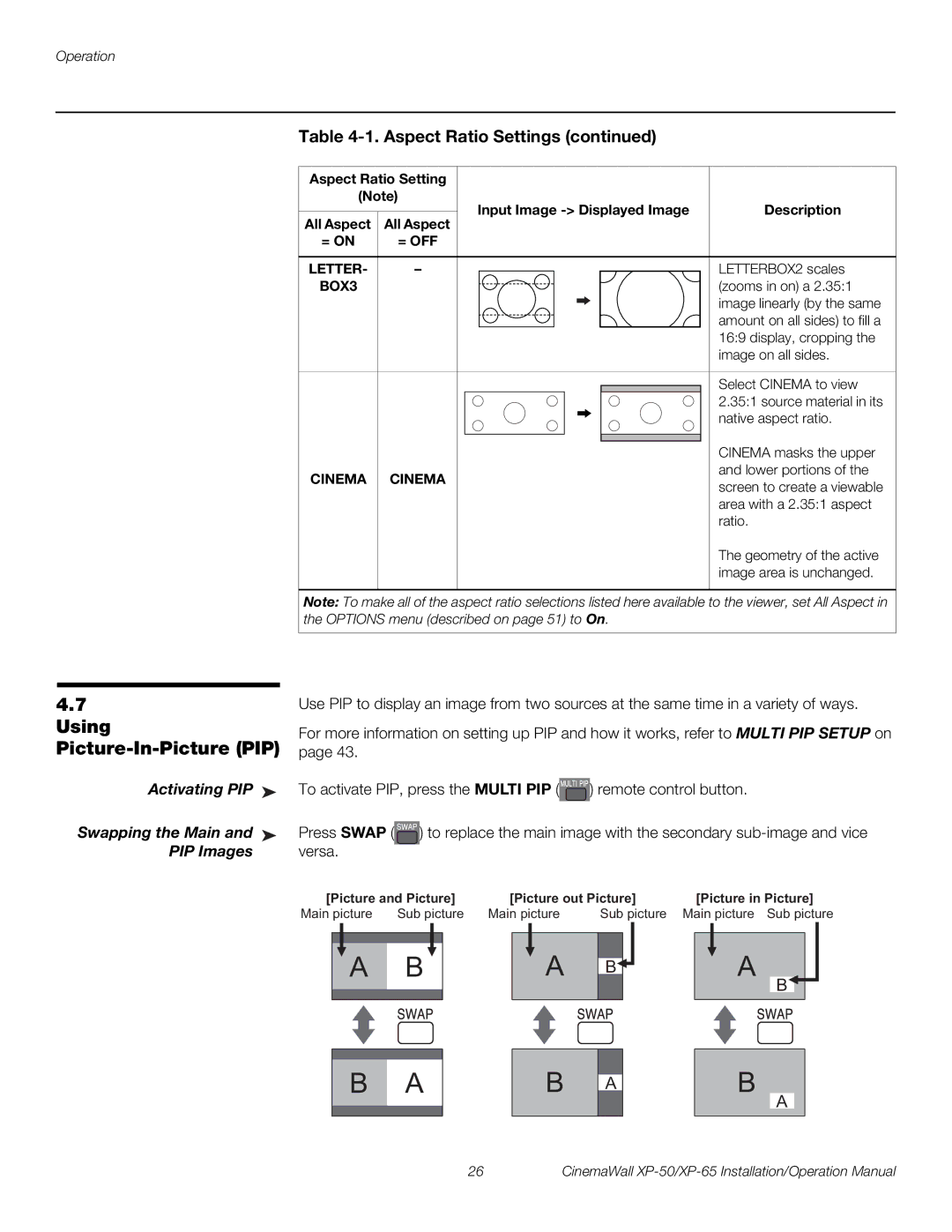 Runco XP-65, XP-50 operation manual Using Picture-In-Picture PIP, Activating PIP Swapping the Main PIP Images 