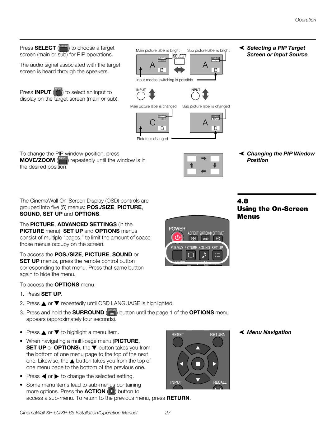 Runco XP-50 Using the On-Screen Menus, Selecting a PIP Target, Screen or Input Source, Changing the PIP Window Position 