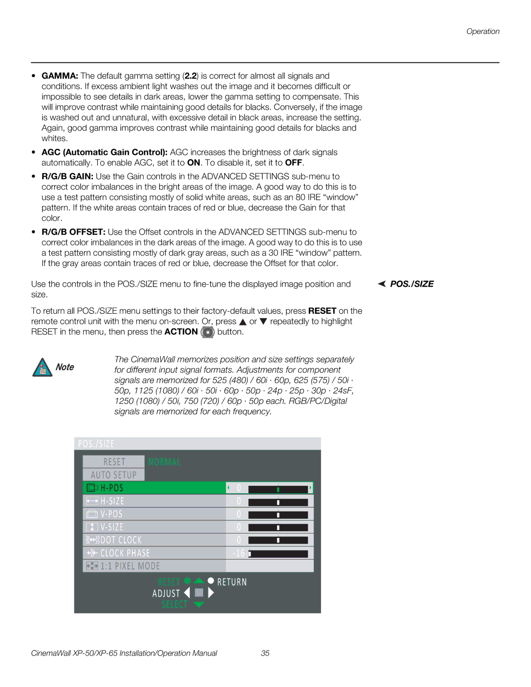 Runco XP-50, XP-65 operation manual Pos./Size, CinemaWall memorizes position and size settings separately 