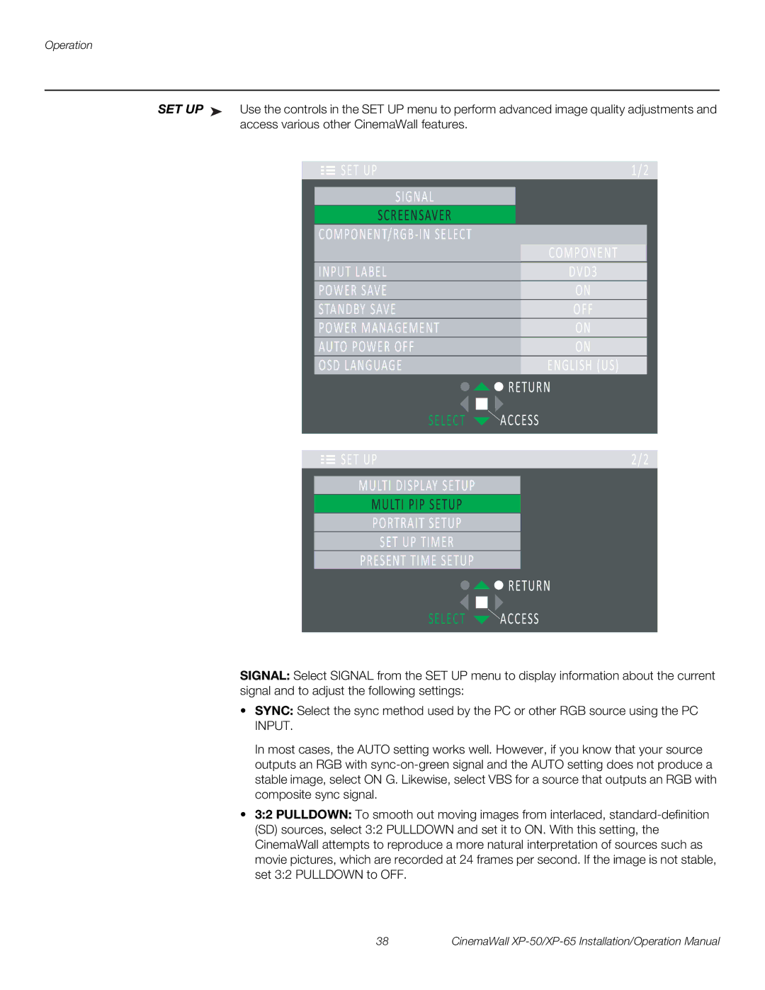 Runco XP-65, XP-50 operation manual SET UP Signal Screensaver 