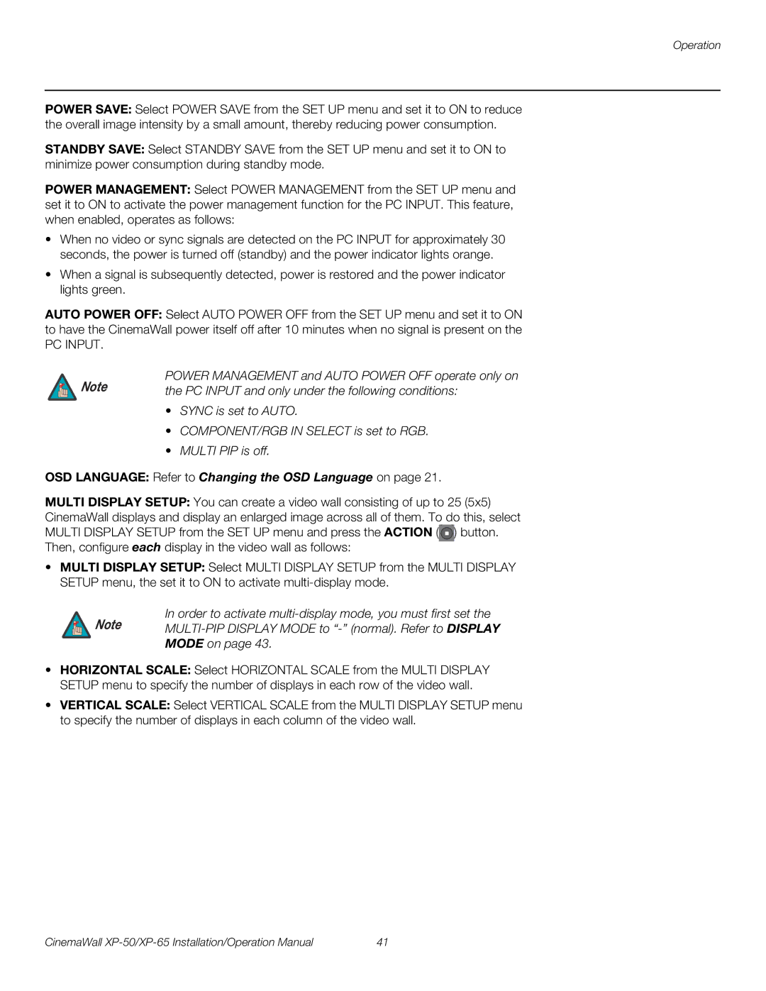 Runco XP-50, XP-65 Refer to Changing the OSD Language on, Order to activate multi-display mode, you must first set 