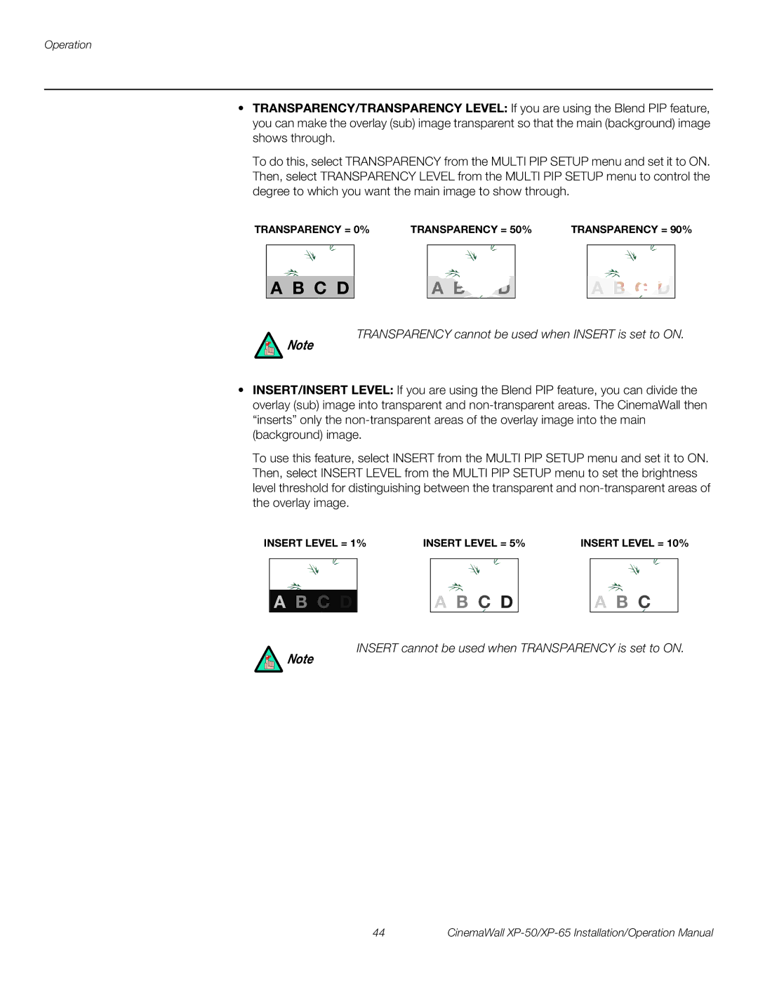 Runco XP-65 Transparency cannot be used when Insert is set to on, Insert cannot be used when Transparency is set to on 